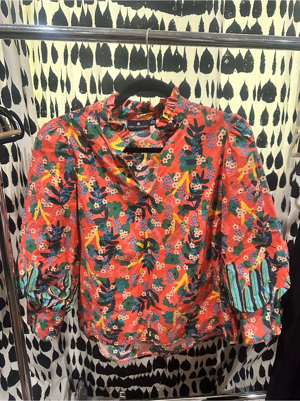 Emily Lovelock Coral Floral Puff-Sleeve Women's Top with Cactus accent